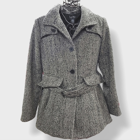 Nicole Miller Coat Womens Sz L Black Tan Herringbone Classic Chic Casual Winter - Picture 11 of 11